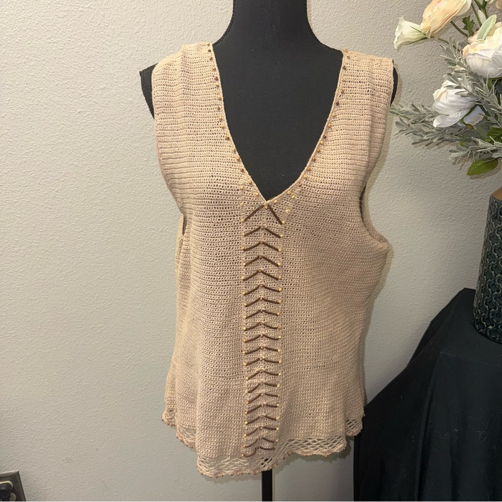 Evan Picone Crochet Knit Vest XL Boho Lace-Up V-Neck Neutral Top